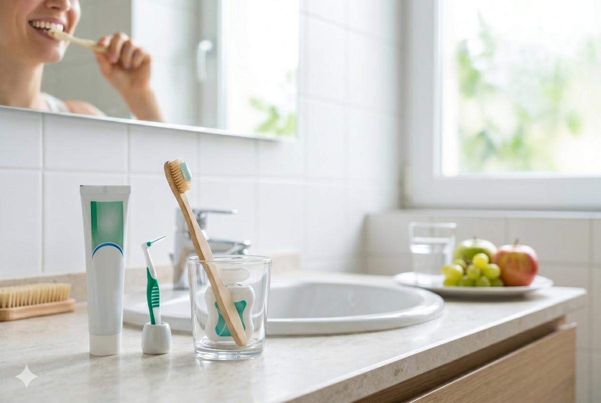 Daily dental care routine with toothbrush, fluoride toothpaste, and dental floss