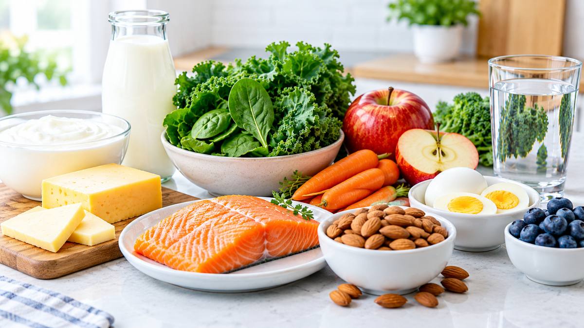 Foods that are good for teeth, including cheese, yogurt, leafy greens, apples, almonds, and salmon